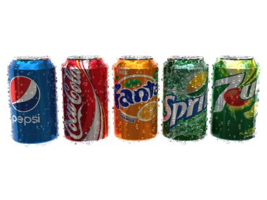 KYIV, UKRAINE - Mayıs. 9, 2024: 3d bir alüminyum kutu Pepsi, Coca Cola, Fanta, Sprite, 7Up. 3d hazırlayıcı.
