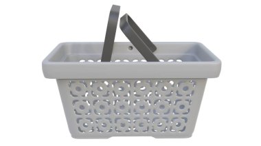Plastik temalı, stilize edilmiş bir alışveriş sepetinin 3D görüntüsü.