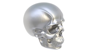 Beyaz arka planda metal kafatası. 3d illüstrasyon