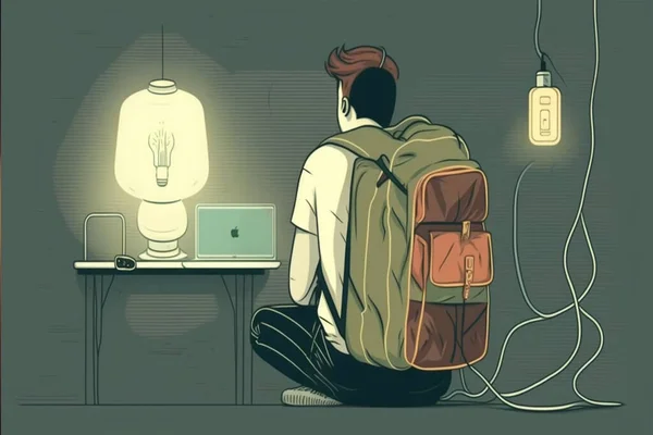 illustration of a man with headphones, backpack and things, the concept of traveling and knowledge.