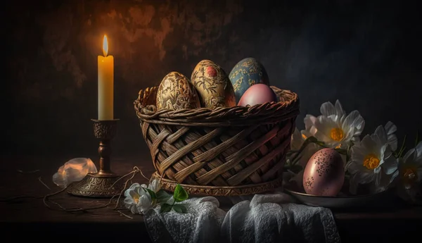 Пасха Праздник Пасхальный Торт Кекс Яйца Яйца Картина Свечи — стоковое фото