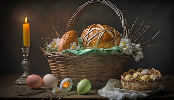 Пасха Праздник Пасхальный Торт Кекс Яйца Яйца Картина Свечи — стоковое фото