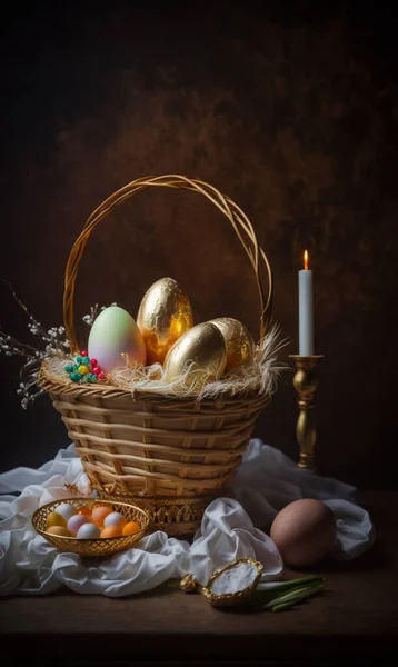 Πάσχα Διακοπές Πάσχα Κέικ Cupcake Αυγά Αυγά Ζωγραφική Κεριά — Φωτογραφία Αρχείου
