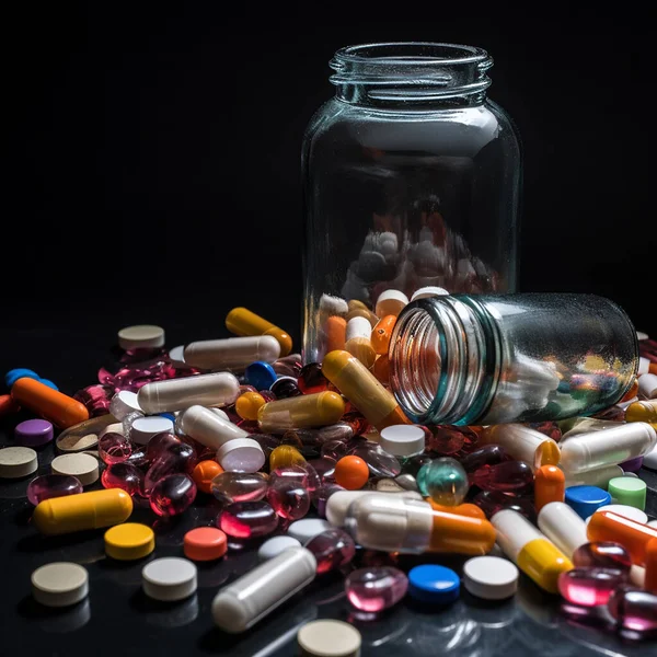 Pilules Médicaments Capsules Bocaux Sur Table — Photo