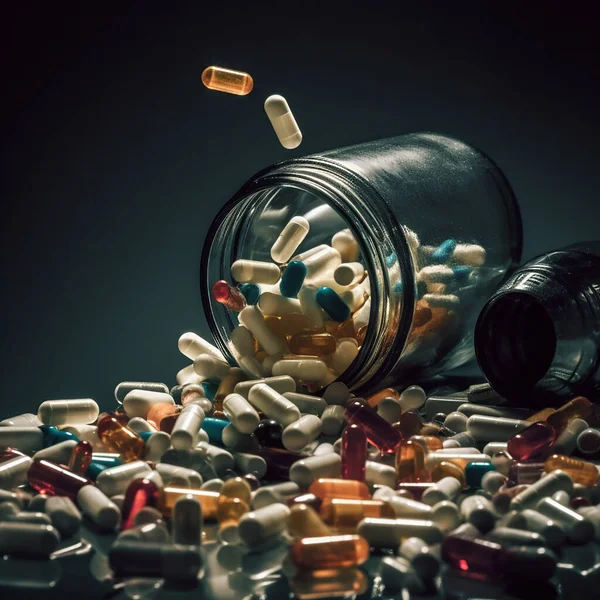 Χάπια Φάρμακα Κάψουλες Βάζα Στο Τραπέζι — Φωτογραφία Αρχείου