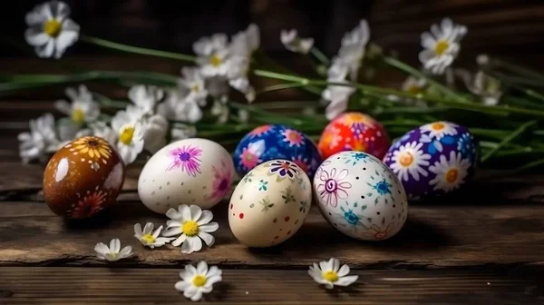 Пасхальные Яйца Нарисованные Яйцах Яйца Гнезде — стоковое фото