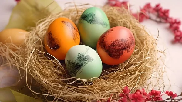 Πασχαλινά Αυγά Βαμμένα Αυγά Αυγά Στη Φωλιά — Φωτογραφία Αρχείου