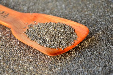 Tahta kaşıkta chia tohumlarının yakın plan görüntüsü
