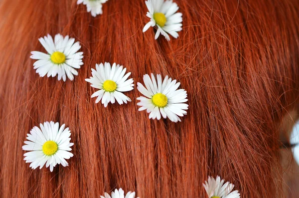 White Flowers Red Hair Closeup — Stock Photo, Image