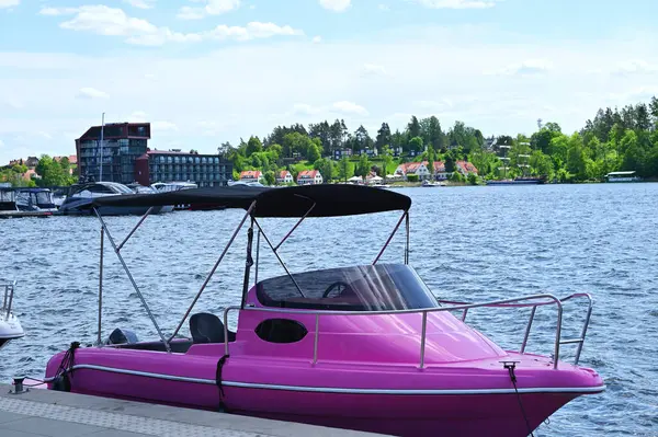 Stock image bright pink sea boat near the shore of the lake