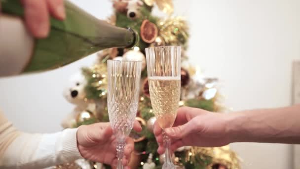 Ruce Držet Láhev Nalít Šampaňské Sklenic Cinkající Brýle Pozadí Zdobeného — Stock video