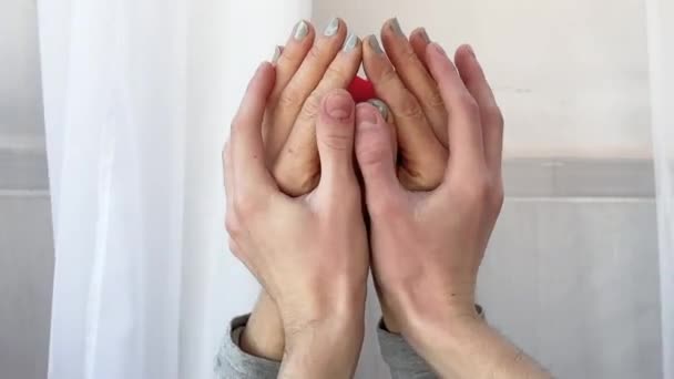 男性的手拥抱着女性的手 并以莲花的形状美丽地张开 以揭示手心的装饰 爱的概念 坠入爱河 瓦伦丁 — 图库视频影像