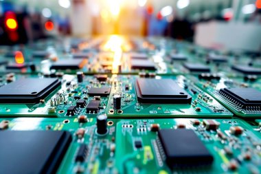 Mikroçiplerin ve bilgisayar bileşenlerinin montajı ve üretimi için bir fabrikadaki bir masanın üzerindeki bir bilgisayar sisteminde bir sürü mikro elektronik cihaz..