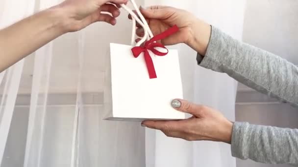 男性的手给了一个礼品袋 礼品袋上有向女性的手鞠躬 生日快乐 情人节 母亲节 礼物的赠送 买礼物的时候手拿着礼物 — 图库视频影像
