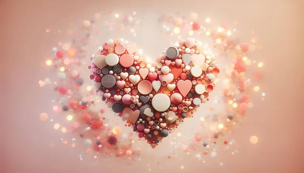 Big heart in Abstract delicate festive background for valentine or wedding of bokeh lights,blurred spots of pink, white on a soft pink background, using heart shapes in color peach fuzz.