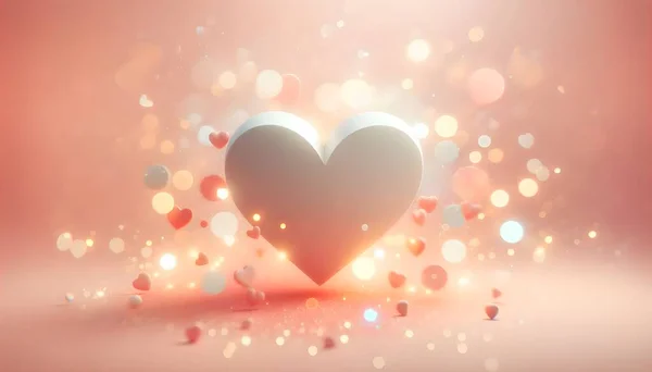 voluminous heart against a background in pastel colors of peach fuzz and gray with bokeh lights and blurry spots with heart shapes.