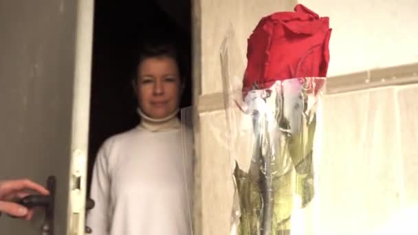男性が女性の花 バラを与え バレンタインデー 母の日 誕生日 選択的な焦点 ゆっくりとした動きのドアを開けるように ぼやけた背景 — ストック動画