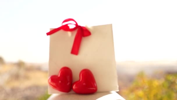 Yay Dekoratif Kalplerle Dolu Bir Kese Kağıdının Içinde Eksen Etrafında — Stok video