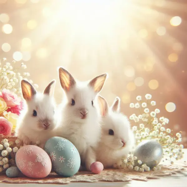 Three cute rabbits next to Easter eggs, spring flowers, lace, glare, bokeh, sun rays in pastel colors.Congratulations on Easter, symbol of spring