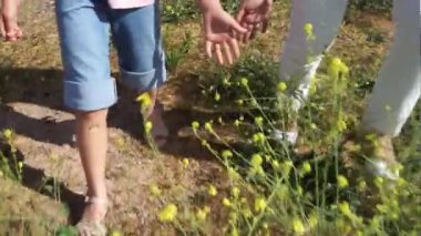 Güneşli bir günde Açılmış Yaz Çiçekleri 'nde Bir Anne ve Kızının Yavaş Hareketi. Yaz aile zamanının romantik videosu doğada dinleniyor.