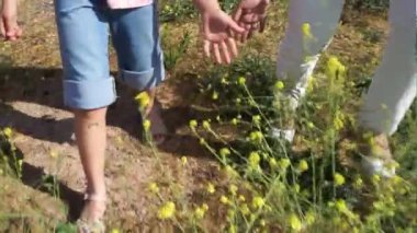 Güneşli bir günde Açılmış Yaz Çiçekleri 'nde Bir Anne ve Kızının Yavaş Hareketi. Yaz aile zamanının romantik videosu doğada dinleniyor.