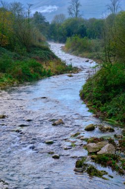 İspanya, Cantabria 'daki Cabuerniga Vadisi' nden yavaşça akan Saja Nehri 'nin sakin manzarası.