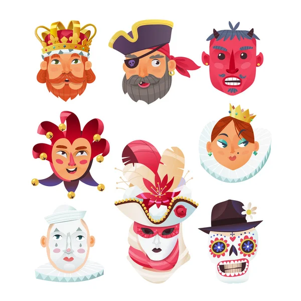축제와 퍼레이드를 복장을 마르디 그라스의 캐릭터모음 얼굴은 미디어에서 스티커와 마스크로 — 스톡 벡터
