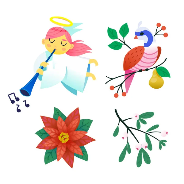 クリスマスや冬の休日のための招待ポスターやグリーティングカードを作成する画像のコレクション 隔離されたベクトル装飾 赤い花 天使の歌 鳥の木 — ストックベクタ