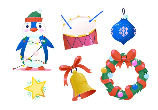 收集图片 为圣诞节和寒假制作请贴和贺卡 孤立的病媒装饰 圣诞树和门的装饰品 铃铛灯和玩具 图库插图