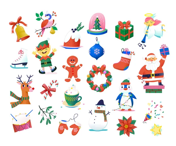 收集代表圣诞节和冬季的图像 装饰品 食物和人物 制作节日贺卡 派对请贴的圣诞图标和贴纸 矢量图形