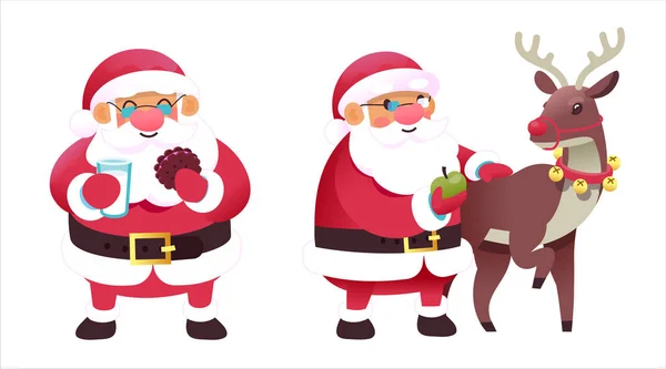 不同情况下的圣诞老人 矢量图解 圣诞图像 圣诞老人正在吃小吃牛奶和饼干 圣诞老人用苹果喂他的鹿肉 图库矢量图片