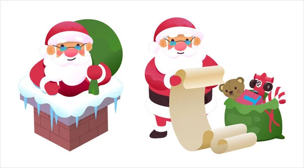 不同情况下的圣诞老人 矢量图解 圣诞图像 圣诞老人拿着一袋礼物被困在烟囱里 圣诞老人阅读信时 还附有礼物清单和一袋玩具 图库矢量图片