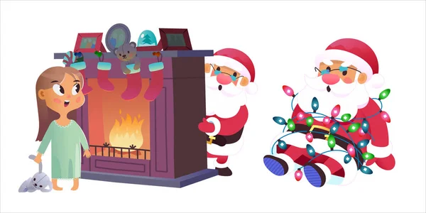 处境困难的圣诞老人 矢量图解 圣诞图像 圣诞老人被圣诞灯捆住了 圣诞老人躲在壁炉后面的一个小女孩面前 图库插图
