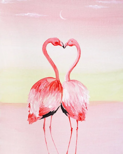 Twee Flamingo Verliefd Mooie Roze Zonsondergang Zonsopgang Romantische Sfeer Dunne — Stockfoto