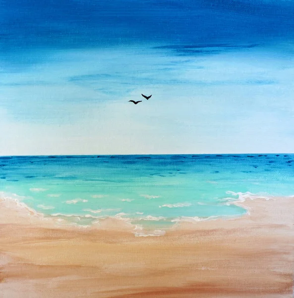 Azure clear ocean, white sand calm water. Drawing of bright blue sky over the sea. Picture contains interesting idea, aesthetic pleasure. Canvas stretched on a stretcher, oil acrylic watercolor paints