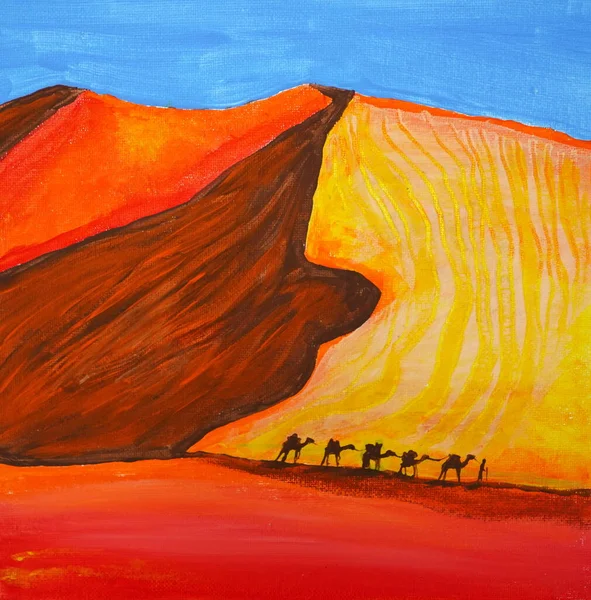 砂漠の風景です 遠くのラクダキャラバンをオフに設定します リラックスした砂 オレンジの夕日 黄色の砂丘 巨大な岩 美しい絵画油 アクリル 新近代美術 — ストック写真