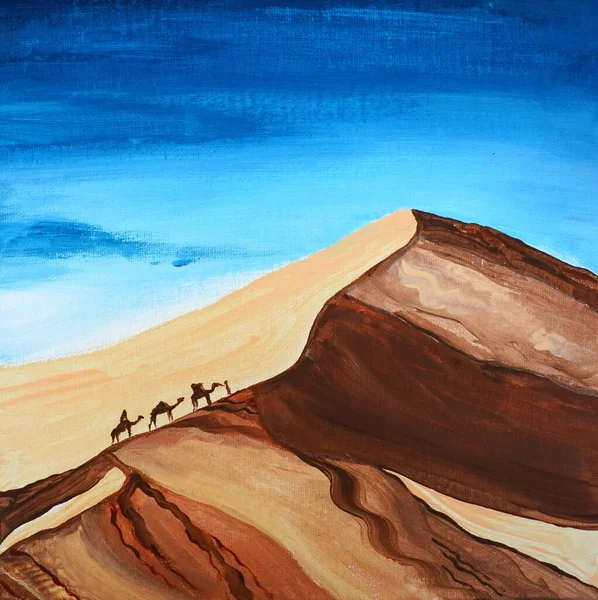 stock image Landscape in the desert. Far away camel caravan sets off. Relaxing sand, blue sky, clouds, sunset. Yellow Dunes, beige mountains, rocks. Beautiful painting in oil, acrylic, watercolor. New Modern art