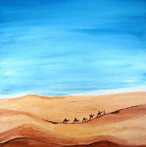 砂漠の風景です 遠くのラクダキャラバンをオフに設定します リラックスした砂 黄色の砂丘 ベージュの山 アクリル 水彩画の美しい絵画 新近代美術 — ストック写真