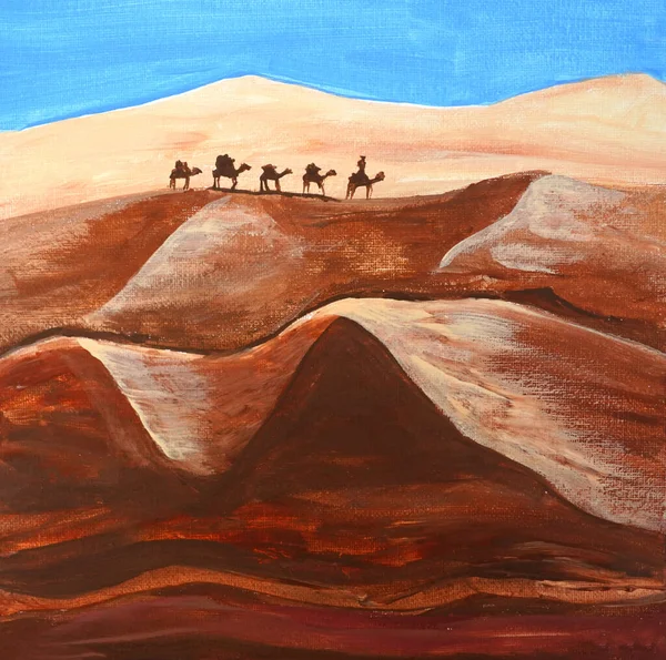 砂漠の風景です 遠くのラクダキャラバンをオフに設定します リラックスした砂 黄色の砂丘 ベージュの山 アクリル 水彩画の美しい絵画 新近代美術 — ストック写真