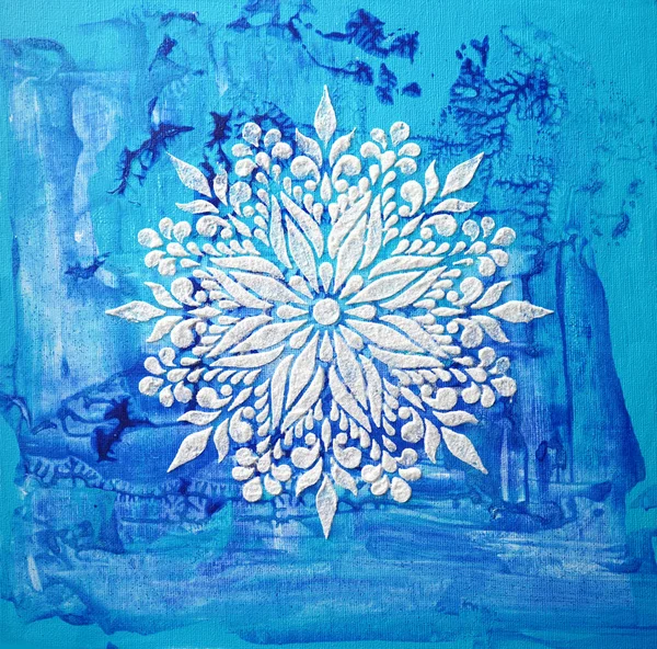 Square oil painting on blue canvas. Shiny snowflake. Texture painting. New Modern Art. White silver Mandala pattern for mehendi. Unique stencil for creating crisp images on paper, glass, fabric print