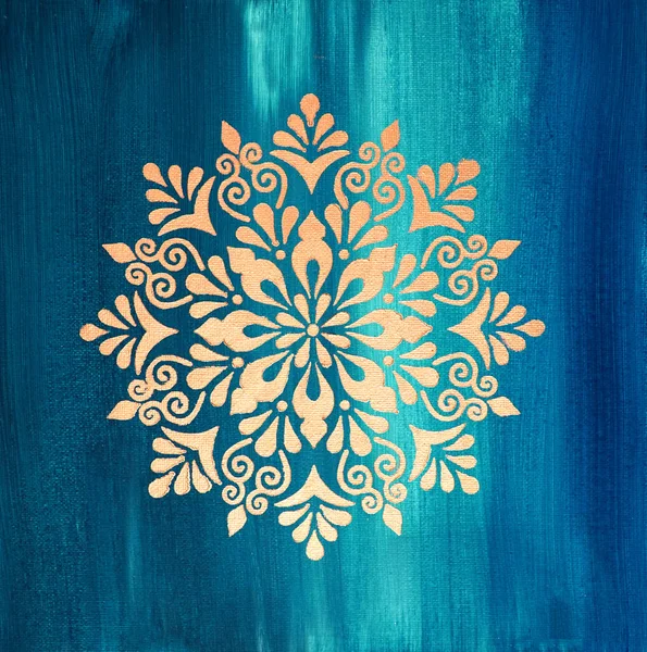 Square oil painting on blue green canvas. Shiny snowflake. Texture painting. Modern Art. Golden Mandala pattern for mehendi. Unique gold stencil for creating crisp images on paper, glass, fabric print