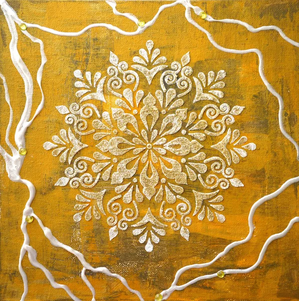 Square oil painting on golden canvas. Shiny snowflake. Gold Texture painting. New Modern Art. White Mandala pattern for mehendi. A unique stencil for creating crisp images on paper, glass and fabric.