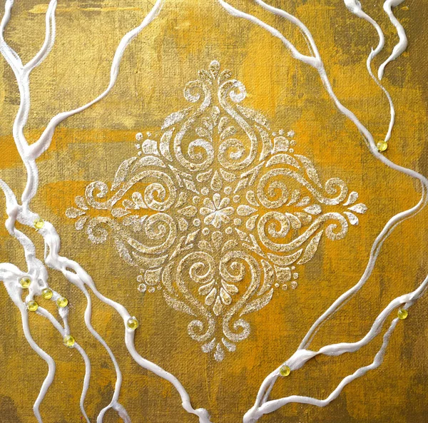 Square oil painting on golden canvas. Shiny snowflake. Gold Texture painting. New Modern Art. White Mandala pattern for mehendi. A unique stencil for creating crisp images on paper, glass and fabric.