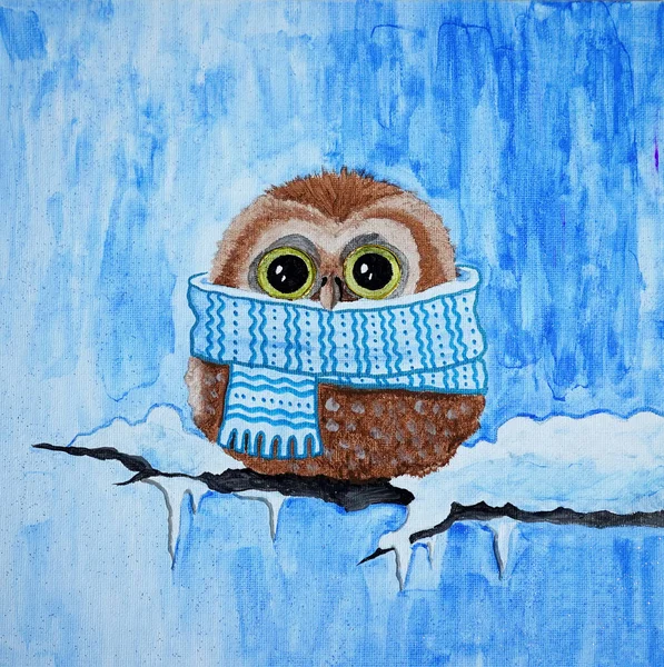 Square texture picture, cute animal painted with bright colors. Owl on a branch, cold winter. Happy new year and merry christmas. Gift for a child. Oil acrylic, watercolor, pastel, markers. Modern Art