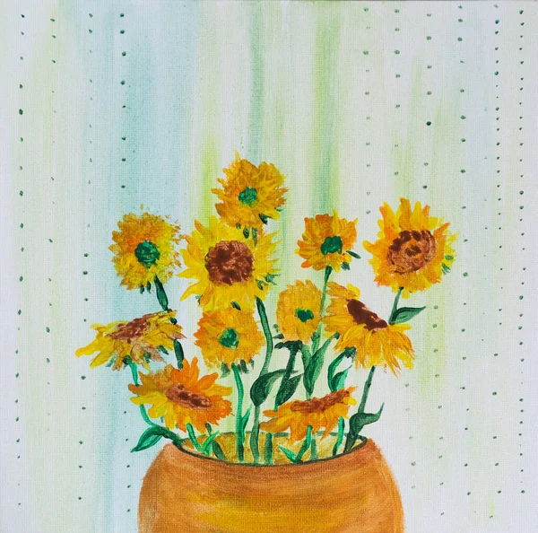 Artistic painting bouquet of sunflowers in a yellow vase. Picture contains interesting idea, evokes emotions, aesthetic pleasure. Canvas stretched, cardboard, oil natural paints. Concept art texture