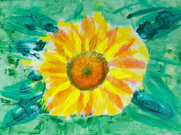 Artistic painting big yellow sun flower, neon vivid petals. Picture contains interesting idea, evokes emotions, aesthetic pleasure. Canvas stretched, cardboard, oil natural paints. Concept art texture