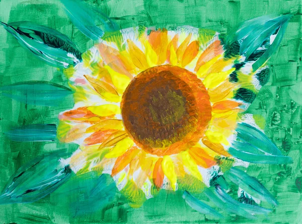 Drawing of bright sunflower neon green leaves. Picture contains interesting idea, evokes emotions, aesthetic pleasure. Canvas stretched on a stretcher, oil natural paints. Concept art painting texture