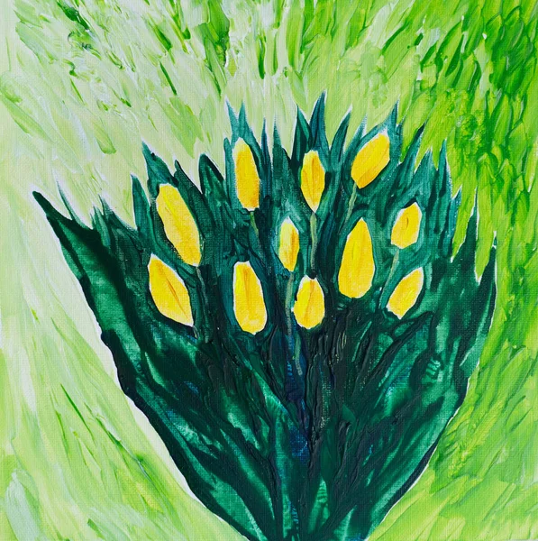 Artistic painting spring bouquet of tulips, green fields. Picture contains interesting idea, evokes emotions, aesthetic pleasure. Canvas stretched, cardboard, oil natural paints. Concept art texture