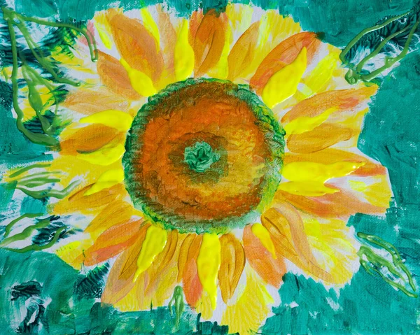 Drawing of bright sunflower, big green field. Picture contains interesting idea, evokes emotions, aesthetic pleasure. Canvas stretched on a stretcher, oil natural paints. Concept art painting texture