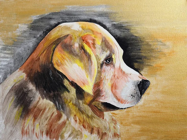 Artistic painting, big orange yellow dog portrait profile. Picture contains interesting idea, evokes emotions, aesthetic pleasure. Canvas stretched, cardboard, oil natural paints. Concept art texture